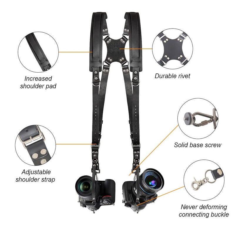 Kasla Camera Strap Camera Straps for Photographers Leather Dual Camera Strap for Two Two DSLR/SLR Cameras (Black) - Image 2